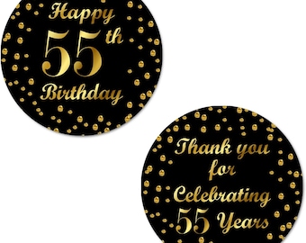 55th Happy Birthday Stickers, 2 Inch Big Round Glossy Labels  (Black and Gold Label)
