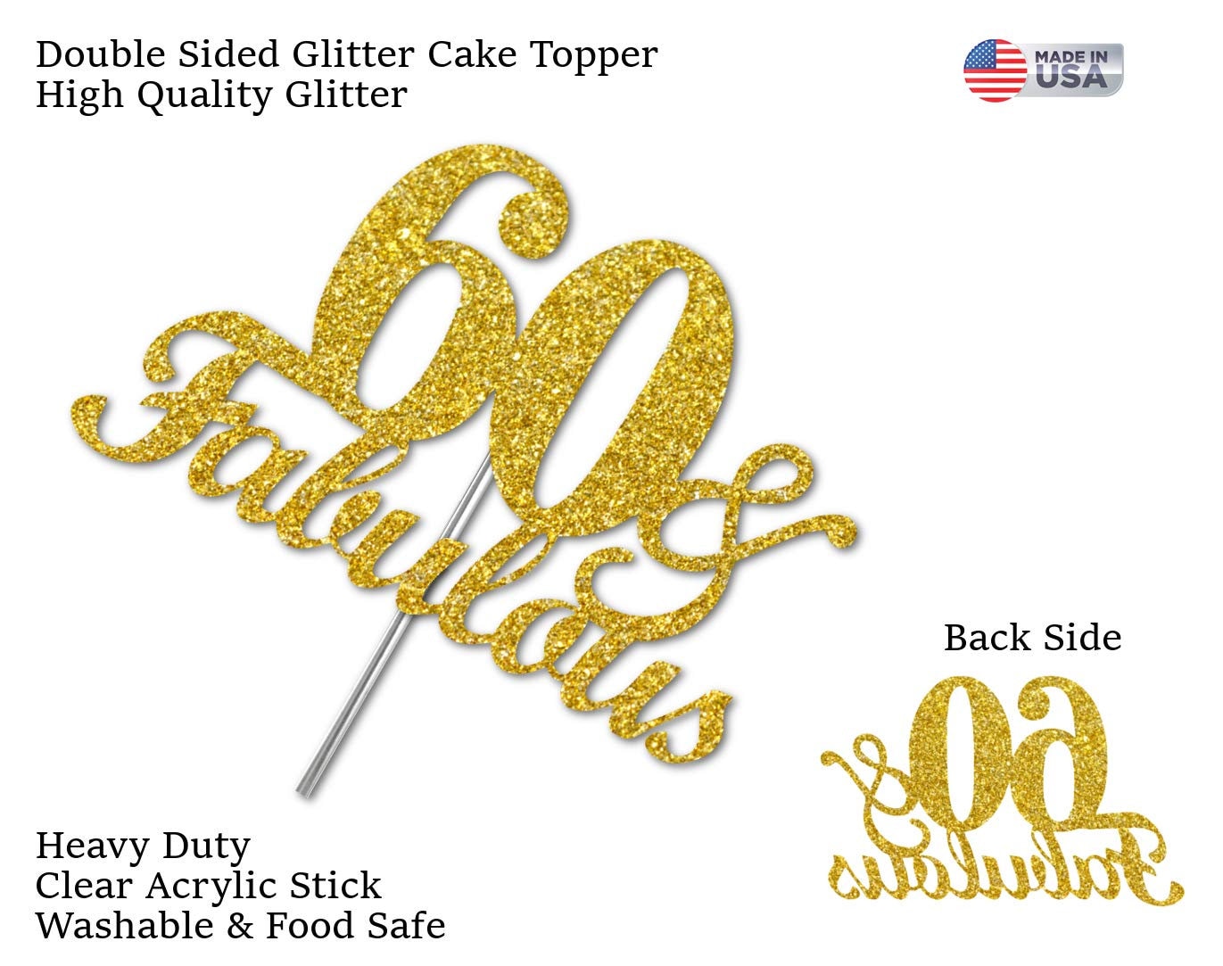 60 & Fabulous Cake Topper 6.25" Double Side Glitter 60th birthday Cake Topper 