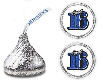 Sweet 16 Kisses Stickers, (Set of 216) Blue 16th Birthday Labels Stickers   Kisses Party Favors  (Candy NOT INCLUDED)