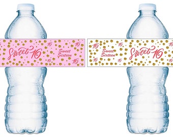 Pink Sweet 16 Water Bottle Label Glossy Waterproof  (Set of 20) Waterproof Water Bottle Wrappers Pink  White 16th Birthday Party Decoration