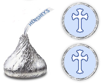 216 Blue Cross Kisses Stickers Labels - Cross for Baptism, Christening, Communion or Baby Shower, Kisses Labels Favors (CANDY NOT INCLUDED)