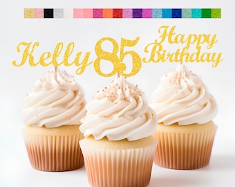85th Birthday Decorations Personalized Birthday Cupcake Toppers Custom Age, Name & Happy Birthday Sign - Party Decorations for Kids Adults