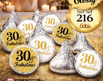 30 and Fabulous 30th Birthday Kisses Stickers (Set of 216) Labels Stickers for Kisses Party Favors Decor (CANDY NOT INCLUDED)