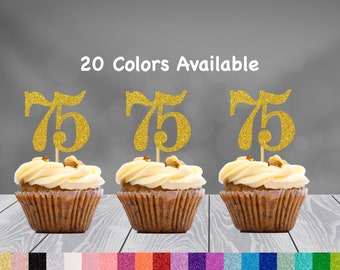 75th Birthday Cupcake Toppers | Glitter Number 75 Decorations | 75th Party Decor | Age 75 Milestone | Party Favors Birthday Party Supplies