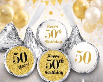 50th Birthday Party GLOSSY Labels Set of 324 Self-Adhesive Stickers Party Favors Candy Bags (Candy NOT INCLUDED) Perfect for Kisses Bottoms