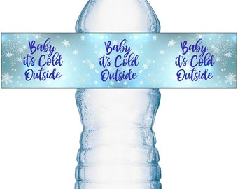 20 Baby Its Cold Outside Baby Water Bottle Labels; Baby Shower Set of 20 Waterproof Water Bottle Wrappers; Its a Boy Blue