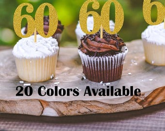 60th Birthday Cupcake Toppers | Glitter Number 60 Decorations | 60th Party Decor | Age 60 Milestone | Party Favors Birthday Party Supplies
