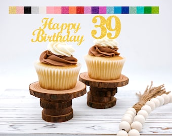 39th Birthday Cupcake Toppers | Number 39 Party Picks | 39th Party Supplies | Age 39 Toppers Party Decor Glitter Happy Birthday Decorations