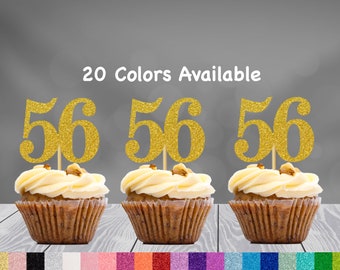 56th Birthday Cupcake Toppers | Glitter Number 56 Decorations | 56th Party Decor | Age 56 Milestone | Party Favors Birthday Party Supplies