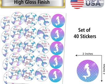 Mermaid Stickers Thank You for Celebrating SET of 40, 2 Inch Big Round Glossy Labels Made in USA