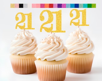 21st Birthday Cupcake Toppers | Glitter Number 21 Decorations | 21st Party Decor | Age 21 Milestone | Party Favors Birthday Party Supplies