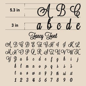 May include: A black glittery alphabet set in a cursive script font labeled Fancy Font. Uppercase letters A, B, C measure 5.3 inches in height, while lowercase letters a, b, c, d, e measure 3 inches. The set includes uppercase, lowercase, and numbers.