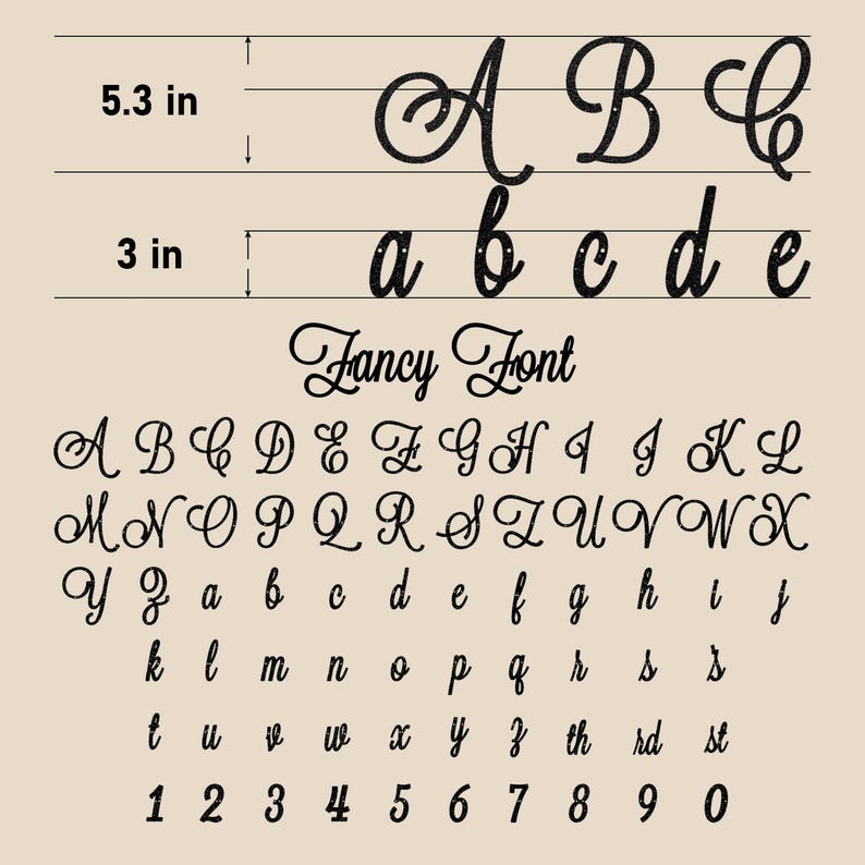 May include: A black glittery alphabet set in a cursive script font labeled Fancy Font. Uppercase letters A, B, C measure 5.3 inches in height, while lowercase letters a, b, c, d, e measure 3 inches. The set includes uppercase, lowercase, and numbers.