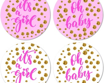 SET OF 40 Pink Oh Baby It’s a Girl Stickers. 2 Inch Big Round Glossy Labels