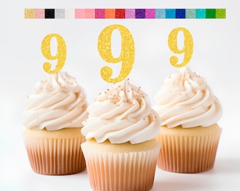9th Birthday Cupcake Toppers | Glitter Number 9 Decorations | 9th Party Decor | Age 9 Milestone | Party Favors Birthday Party Supplies