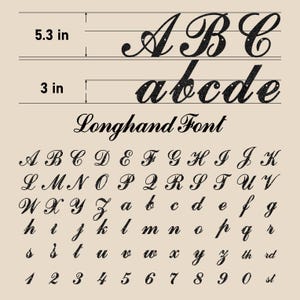 May include: A black longhand font alphabet display featuring uppercase letters A, B, C measuring 5.3 inches in height and lowercase letters a, b, c, d, e measuring 3 inches in height. The full set includes uppercase, lowercase, numbers, and suffixes.