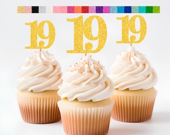 19th Birthday Cupcake Toppers | Glitter Number 19 Decorations | 19th Party Decor | Age 19 Milestone | Party Favors Birthday Party Supplies