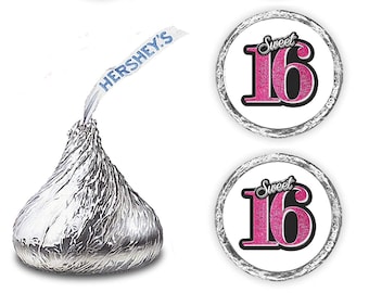 Sweet 16 Kisses Stickers, (Set of 216) Fuchsia Pink 16th Birthday Labels Stickers   Kisses Party Favors  (Candy NOT INCLUDED)