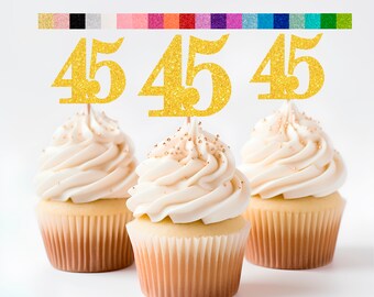 45th Birthday Cupcake Toppers | Glitter Number 45 Decorations | 45th Party Decor | Age 45 Milestone | Party Favors Birthday Party Supplies