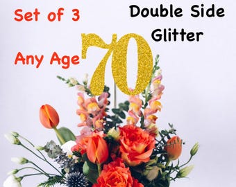 70th Birthday Centerpiece (Set of 3) Single or Double Side Glitter, Number 70 for Birthday Party, Cake Toppers, Anniversary Decorations