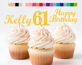 61st Birthday Decorations Personalized Birthday Cupcake Toppers Custom Age, Name & Happy Birthday Sign - Party Decorations for Kids Adults