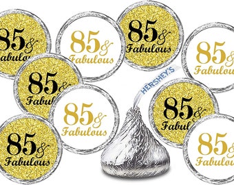 Any Age 85 and Fabulous Birthday Kisses Stickers (Set of 216) Adult 85th Birthday Gold Label Sticker Party Favors Decor (CANDY NOT INCLUDED)