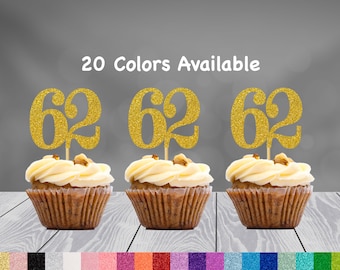 62nd Birthday Cupcake Toppers | Glitter Number 62 Decorations | 62nd Party Decor | Age 62 Milestone | Party Favors Birthday Party Supplies
