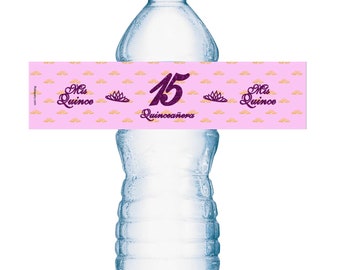 Quinceañera Water Bottle Labels (SET OF 20) Mis Quince Waterproof Water Bottle Wrappers (purple ) 15th Birthday  Decorations Party Favors