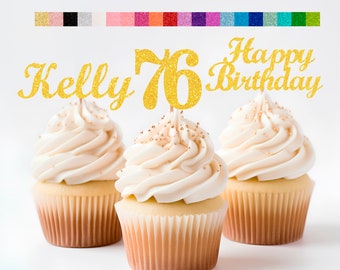 76th Birthday Decorations Personalized Birthday Cupcake Toppers Custom Age, Name & Happy Birthday Sign - Party Decorations for Kids Adults