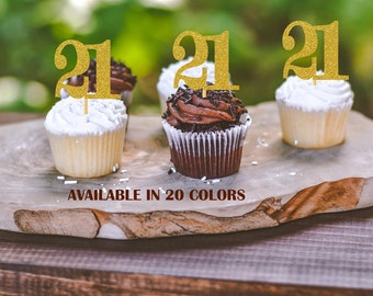 21st Birthday Cupcake Toppers | Glitter Number 21 Decorations | 21st Party Decor | Age 21 Milestone | Party Favors Birthday Party Supplies