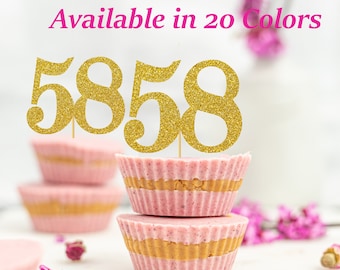 58th Birthday Cupcake Toppers | Glitter Number 58 Decorations | 58th Party Decor | Age 58 Milestone | Party Favors Birthday Party Supplies