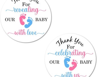 Set of 40 Thank You for Showering Our Baby with Love Stickers Gender Reveal  (Pink and Blue Footprints)