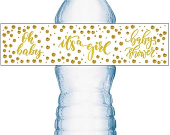 20 Gold Oh Baby It’s a Girl Oh Baby Water Bottle Labels; Baby Shower Set of 20 Waterproof Water Bottle Wrappers; Gold and White.