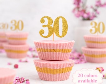 30th Birthday Cupcake Toppers | Glitter Number 30 Decorations | 30th Party Decor | Age 30 Milestone | Party Favors Birthday Party Supplies