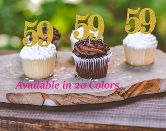 59th Birthday Cupcake Toppers | Glitter Number 59 Decorations | 59th Party Decor | Age 59 Milestone | Party Favors Birthday Party Supplies