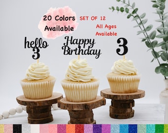 3rd Birthday Cupcake Toppers | Hello 3 Theme | Number 3 | Happy Birthday Sign | Glitter Birthday Decorations | Age Toppers Party Decor