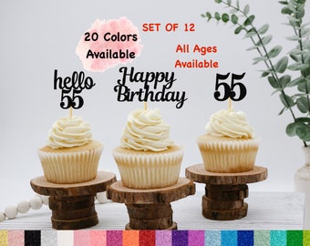 55th Birthday Cupcake Toppers | Hello 55 Theme | Number 55 | Happy Birthday Sign | Glitter Birthday Decorations | Age Toppers Party Decor