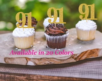 91st Birthday Cupcake Toppers | Glitter Number 91 Decorations | 91st Party Decor | Age 91 Milestone | Party Favors Birthday Party Supplies