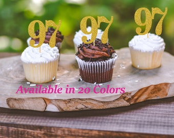 97th Birthday Cupcake Toppers | Glitter Number 97 Decorations | 97th Party Decor | Age 97 Milestone | Party Favors Birthday Party Supplies