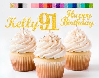 91st Birthday Decorations Personalized Birthday Cupcake Toppers Custom Age, Name & Happy Birthday Sign - Party Decorations for Kids Adults