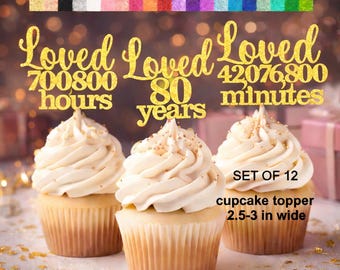 All Ages Available | 80th Birthday Cupcake Toppers | Years Loved theme (80 Years 700,800 hours 420,076,800 minutes) All Ages Available