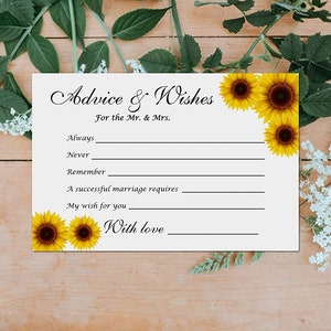 PRINTED Sunflower Wedding Advice and Wishes Cards Bride and Groom Bridal Shower Newlyweds Rehearsals Dinner Parties Set of  50 Cards 4"x6"