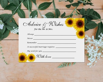 PRINTED Sunflower Wedding Advice and Wishes Cards Bride and Groom Bridal Shower Newlyweds Rehearsals Dinner Parties Set of  50 Cards 4"x6"