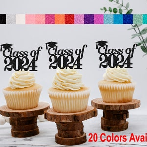 Class of 2024 Cupcake Toppers  (SET of 12) Graduation Cupcake Toppers Glitter Class Reunion All Years Available (20 Colors Available)