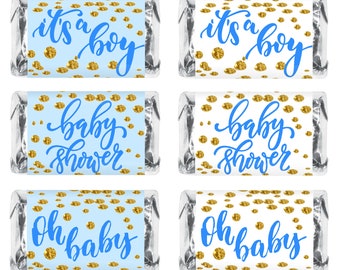 60 Gold and Blue Oh Baby Its a Boy Blue Baby Shower Miniatures Candy Bar Wrapper Baby Shower Miniature Candy Bar Stickers CANDY NOT INCLUDED
