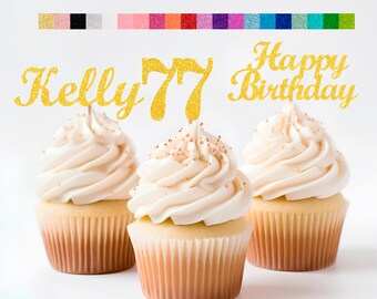 77th Birthday Decorations Personalized Birthday Cupcake Toppers Custom Age, Name & Happy Birthday Sign - Party Decorations for Kids Adults