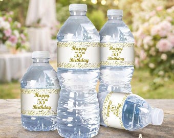55th Birthday Water Bottle Labels | SET of 25 | Glossy Waterproof Labels Birthday Party Decorations | Number 55 Age 55 Birthday Favors