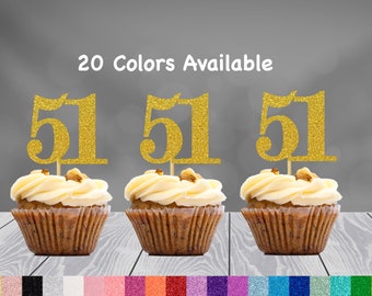 51st Birthday Cupcake Toppers | Glitter Number 51 Decorations | 51st Party Decor | Age 51 Milestone | Party Favors Birthday Party Supplies