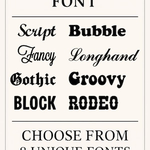 May include: A white sign with black text displaying CHOOSE YOUR FONT at the top and CHOOSE FROM 8 UNIQUE FONTS AVAILABLE at the bottom. Between these lines are eight font styles labeled Script, Bubble, Fancy, Longhand, Gothic, Groovy, BLOCK, and RODEO.