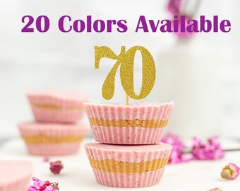 70th Birthday Cupcake Toppers | Glitter Number 70 Decorations | 70th Party Decor | Age 70 Milestone | Party Favors Birthday Party Supplies